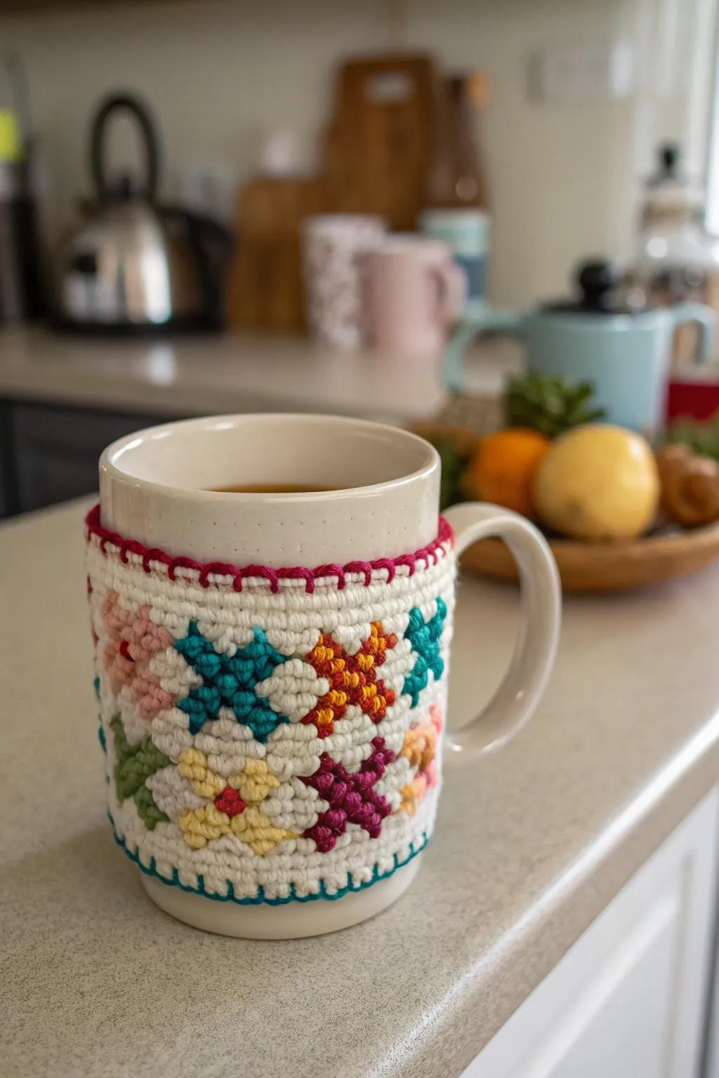 Cross stitch mug cozies add a cozy touch to your kitchenware