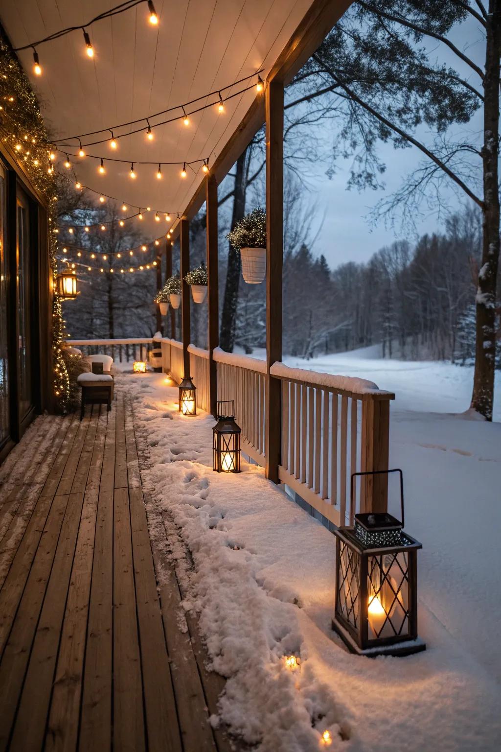 Decorative lighting adds warmth and charm to your winter deck.