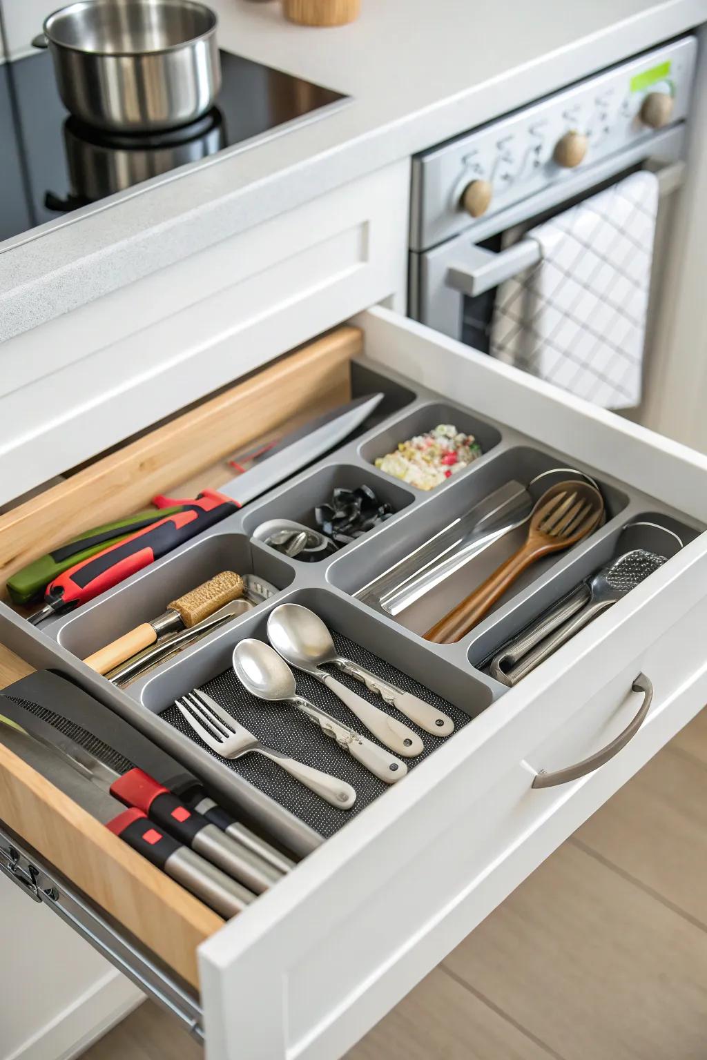 Drawer organizers for an orderly kitchen.