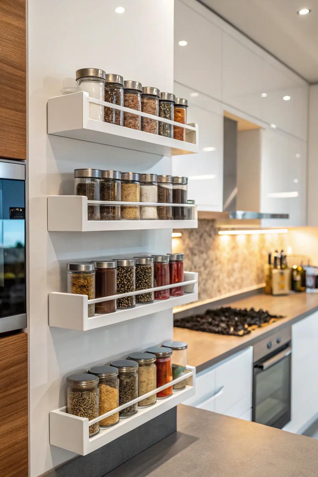 Floating shelves offer a sleek, modern way to display spices.