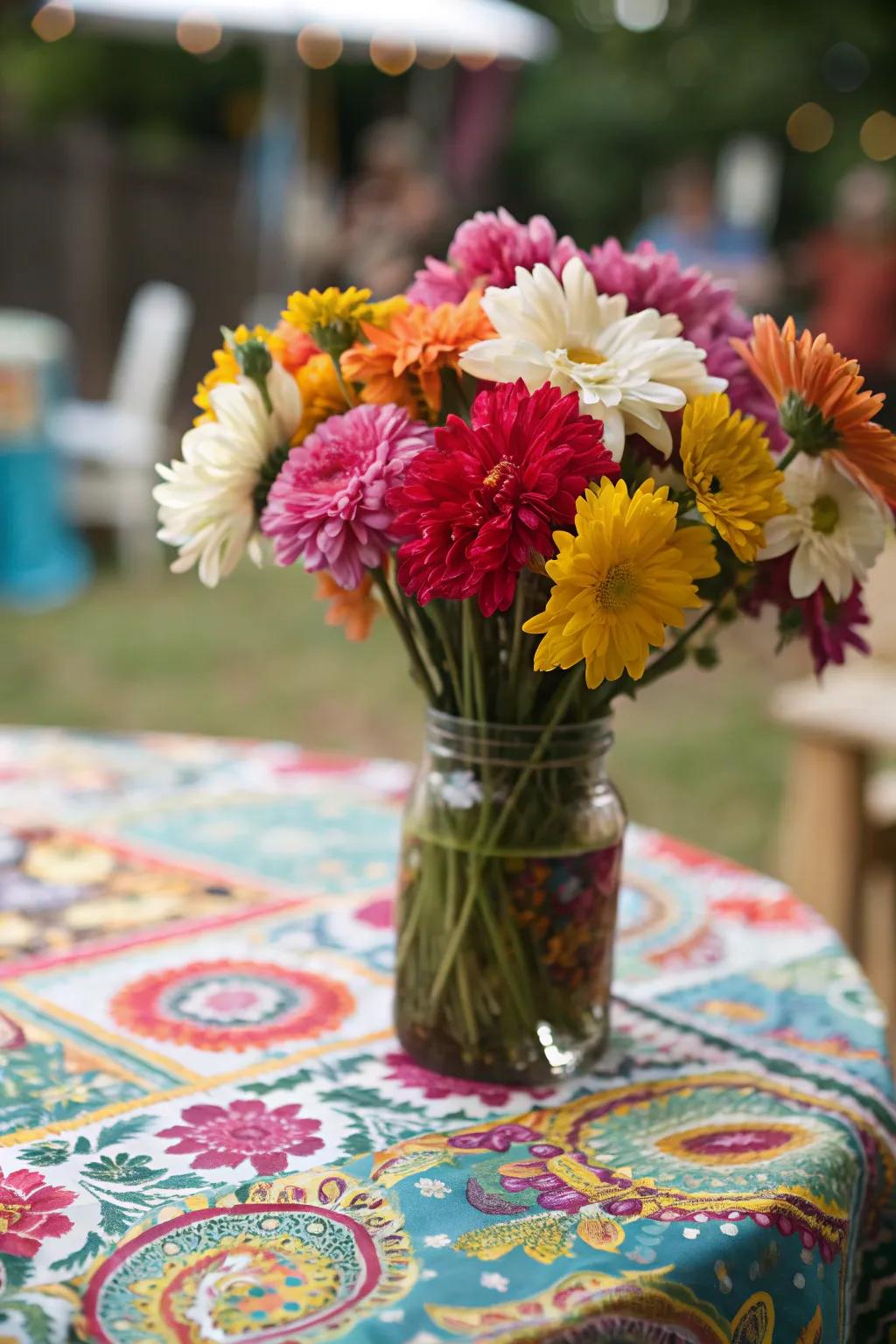 A colorful arrangement using color blocking techniques.