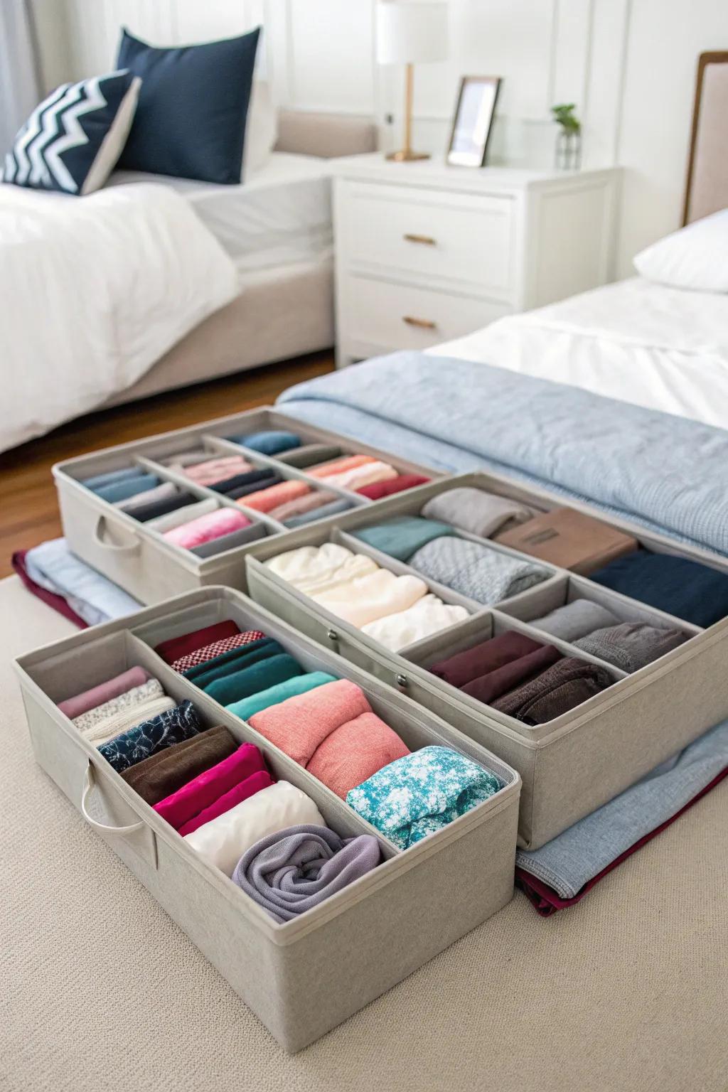 Use under-bed storage to keep leggings out of sight but within reach.