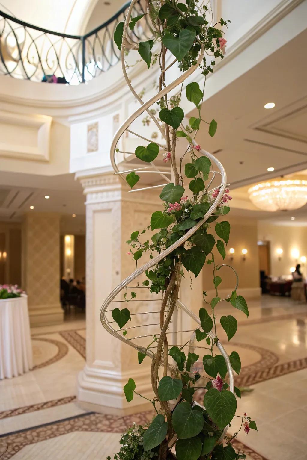 An elegant interior with a Hoya plant on an artistic spiral trellis.