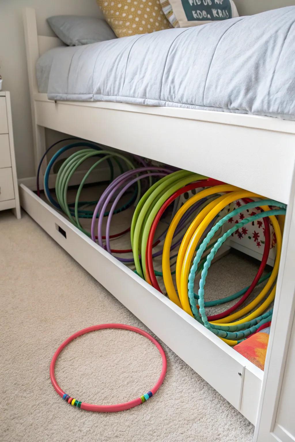 Hula hoops cleverly stored under a bed, maximizing space and keeping them hidden.