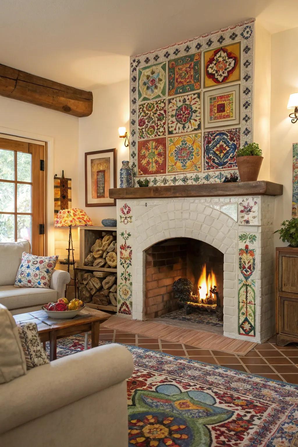 A living room fireplace surrounded by colorful, hand-painted tiles for an eclectic look.