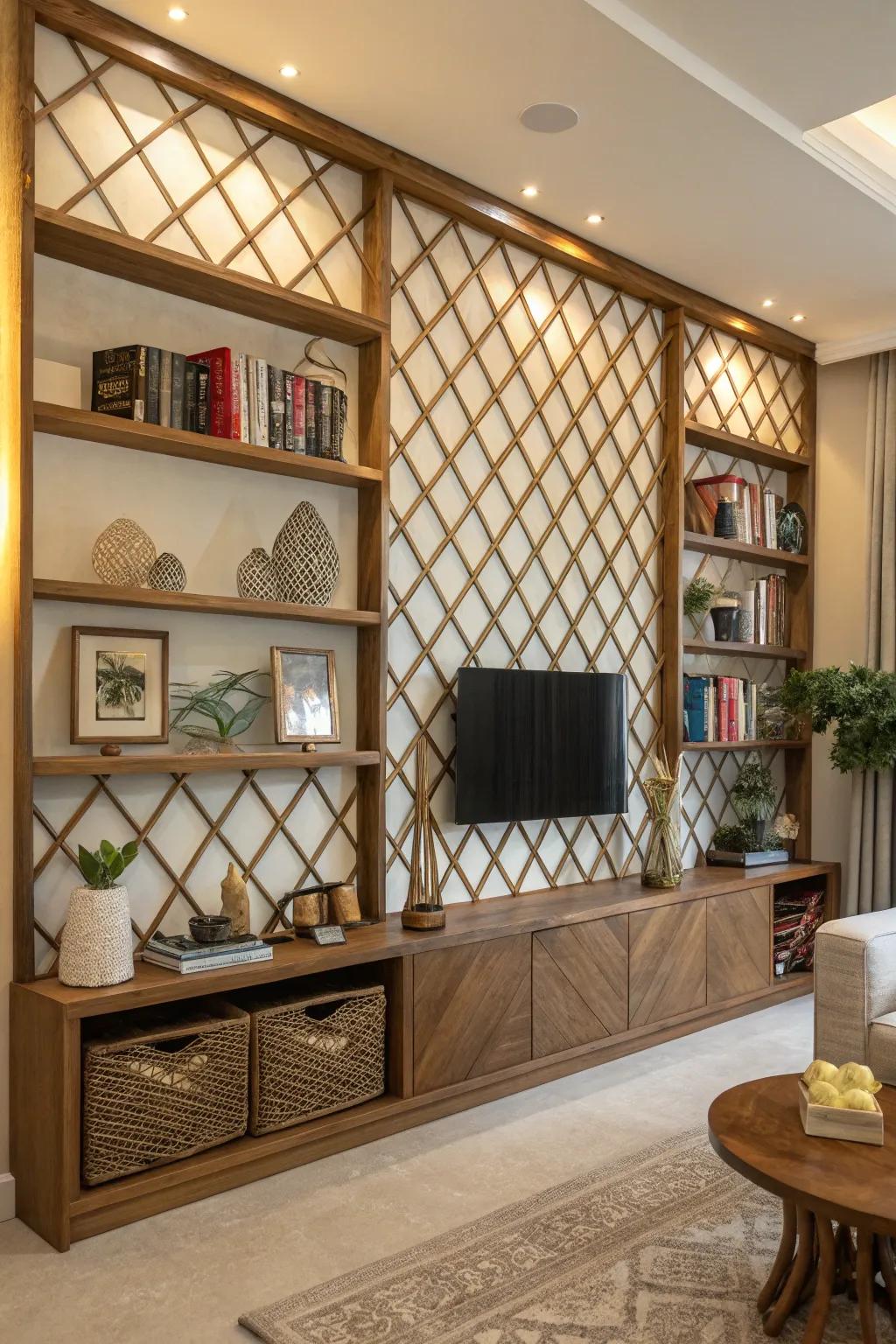 Lattice wall with built-in shelves, perfect for storage and display.