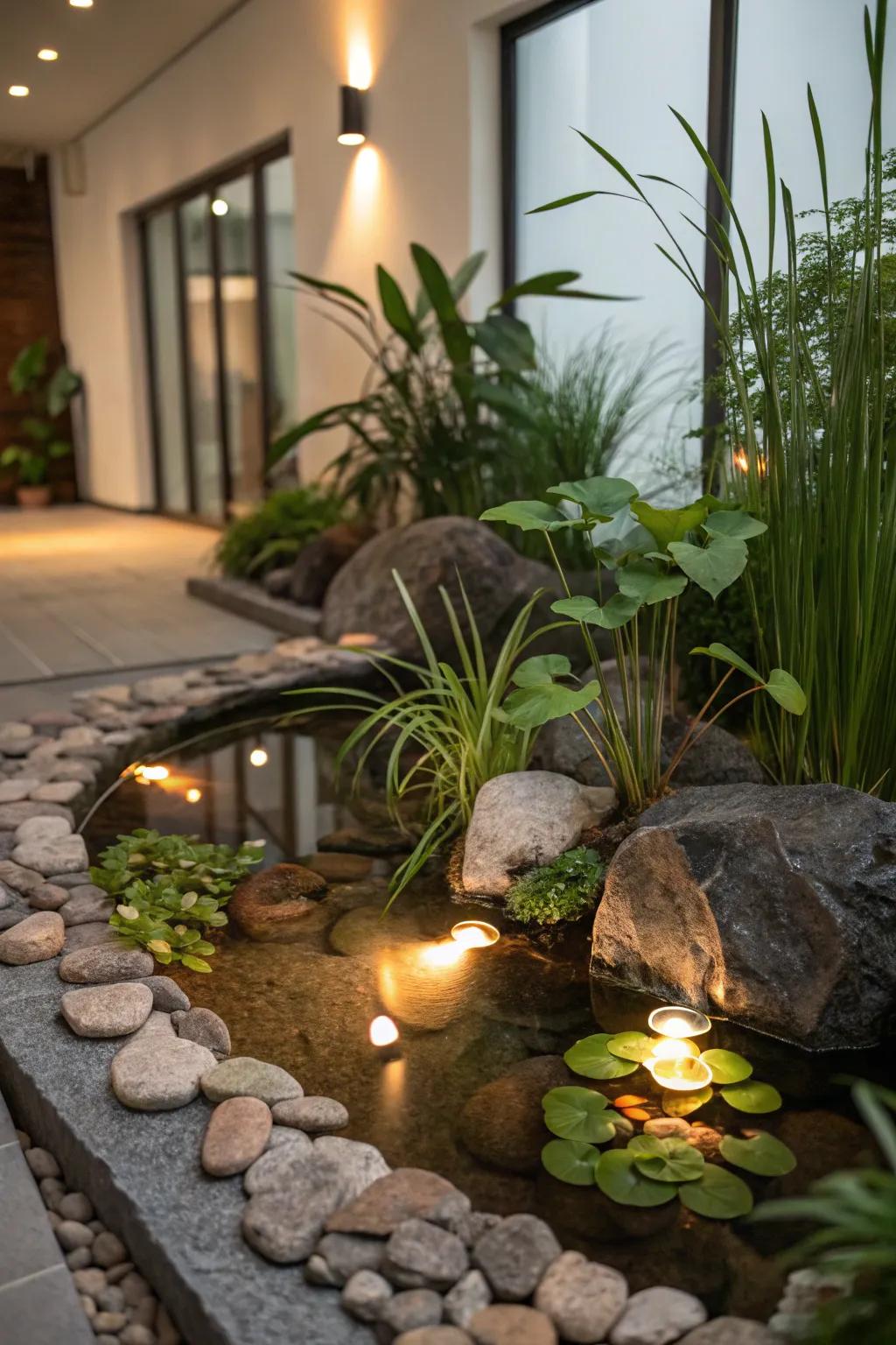 Mood lighting adds a magical touch to indoor ponds.