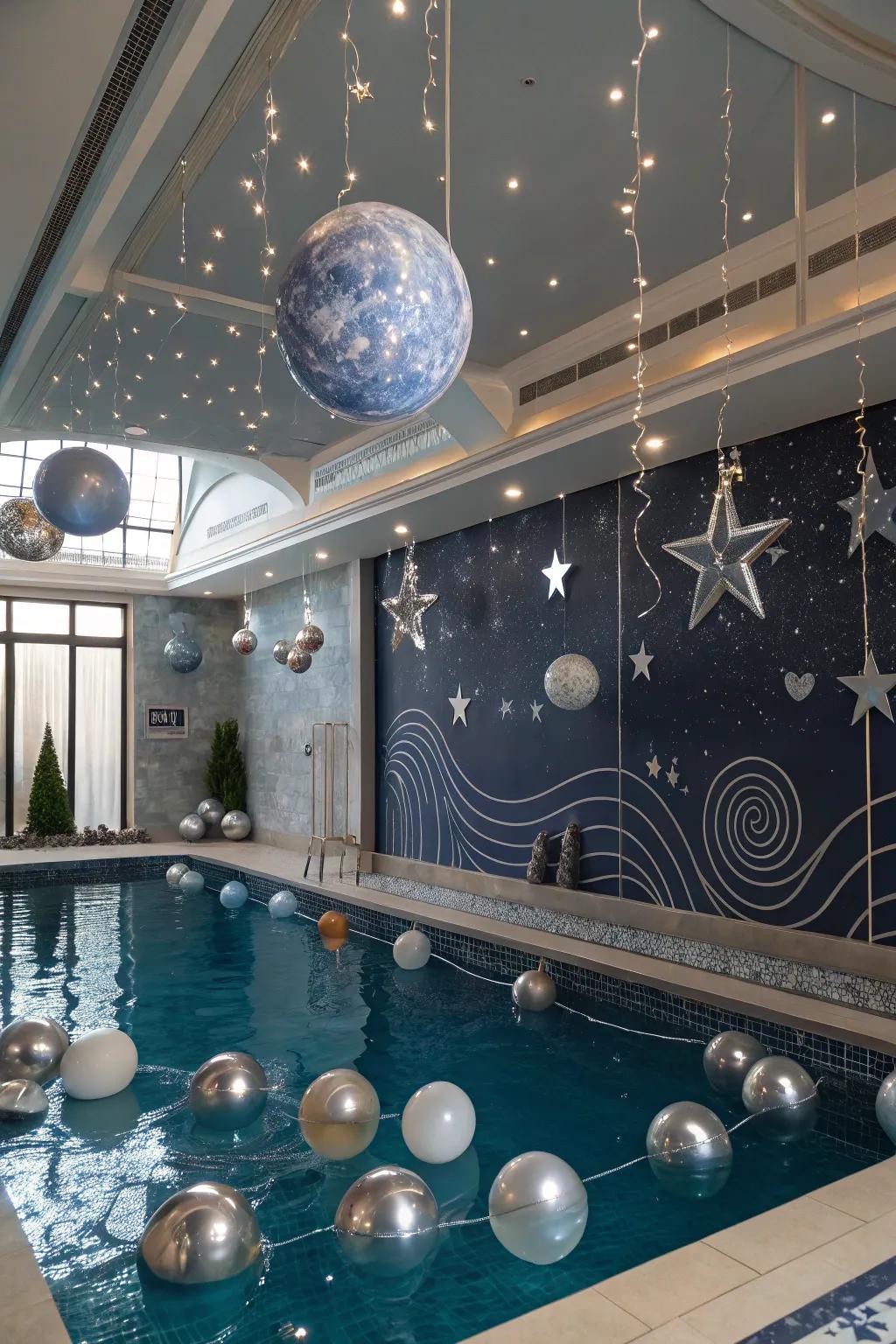 Explore the cosmos with a futuristic space-themed pool party.