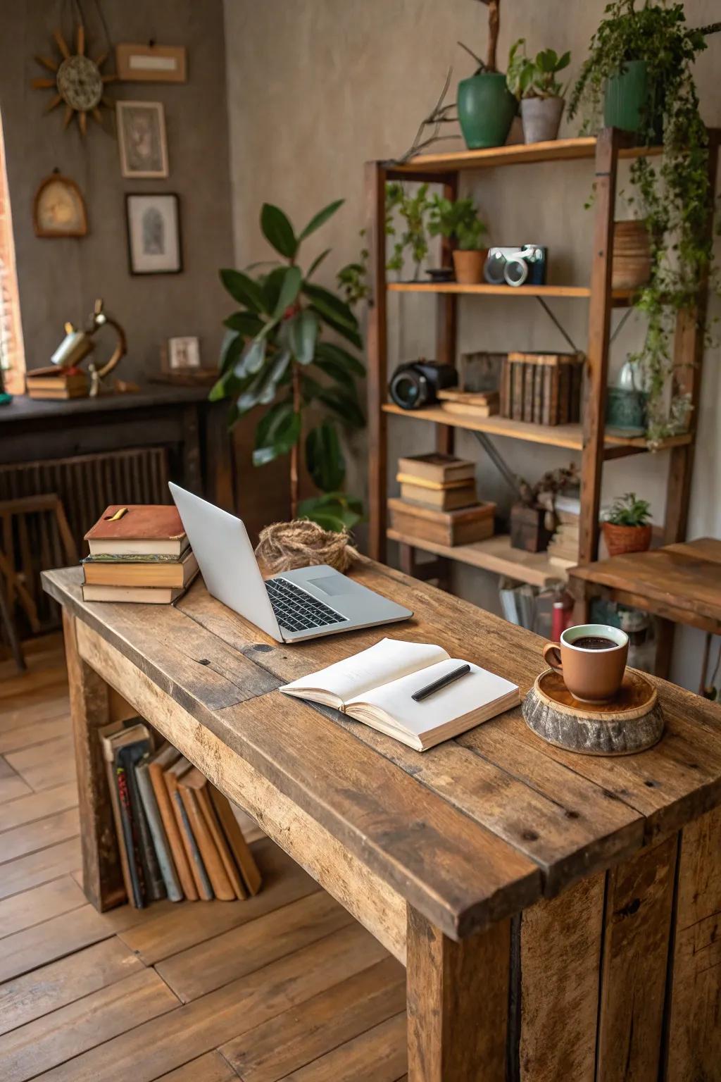 Reclaimed wood brings sustainability and history to your industrial desk.