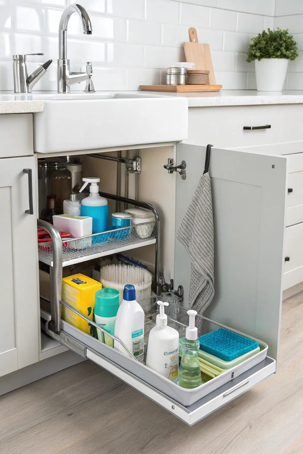 A pull-out caddy under the sink keeps cleaning essentials tidy.