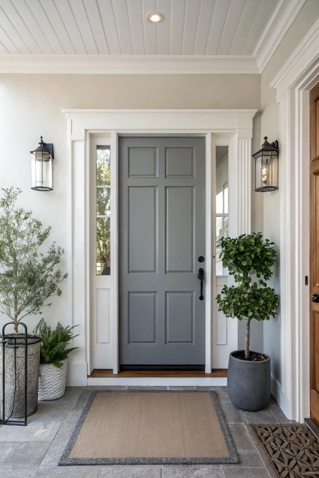 A modern gray door adding sophistication to the entryway.