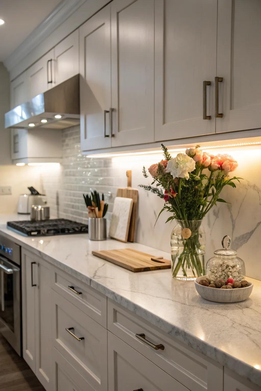 Under-cabinet lighting providing practical illumination in a kitchen.