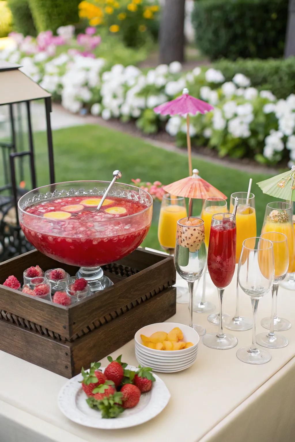 A chic drinks station with colorful punch and elegant glassware.