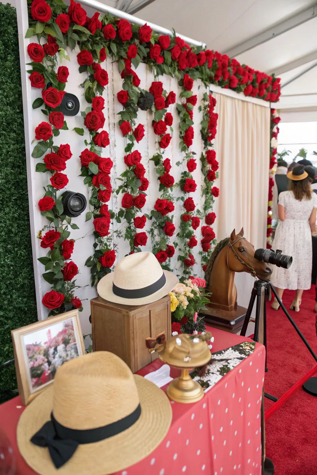 A festive photo booth with a rose backdrop for Derby party fun.