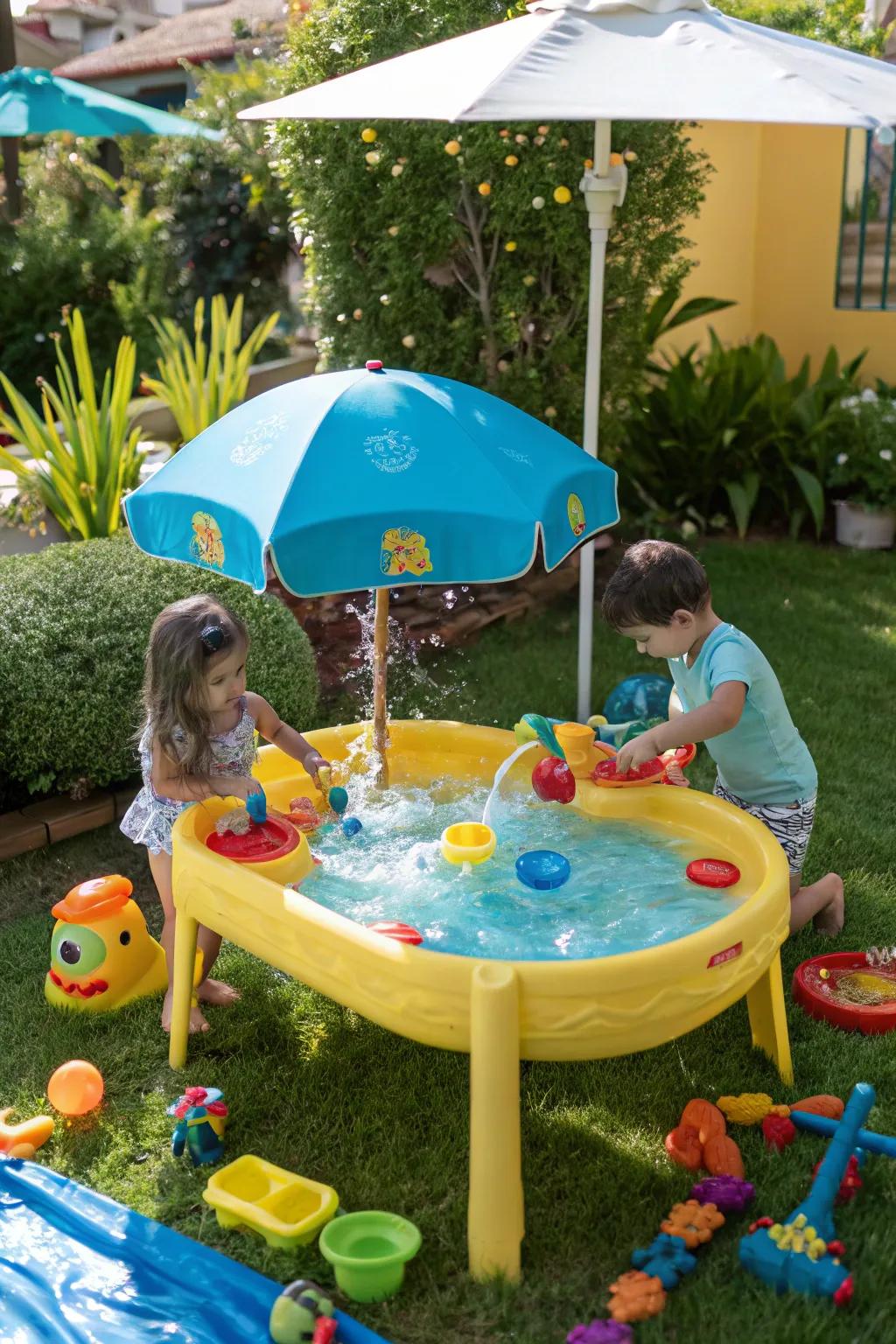 Sensory water table, an engaging playtime favorite.