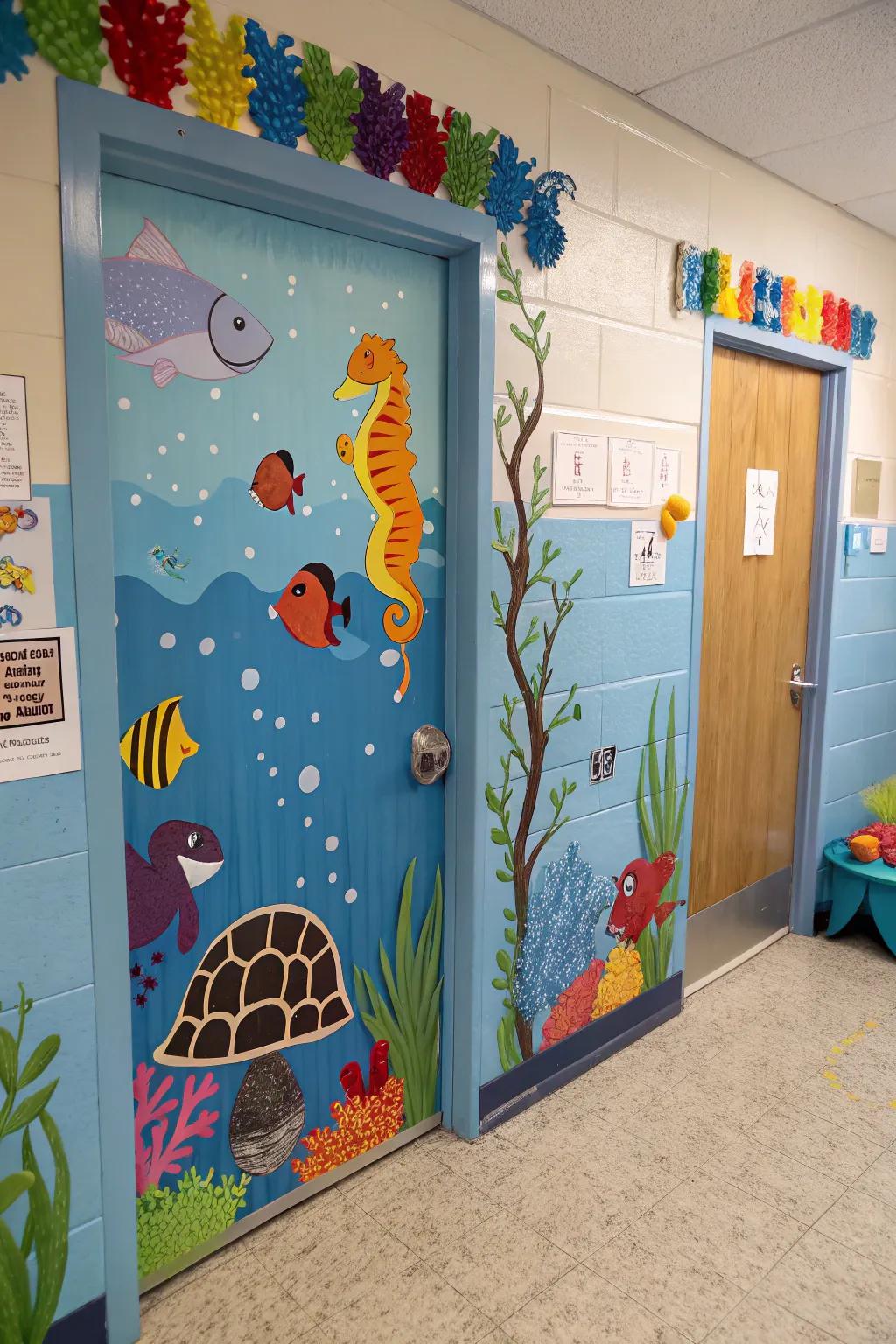 A kindergarten door decorated with an underwater scene featuring fish and sea creatures.