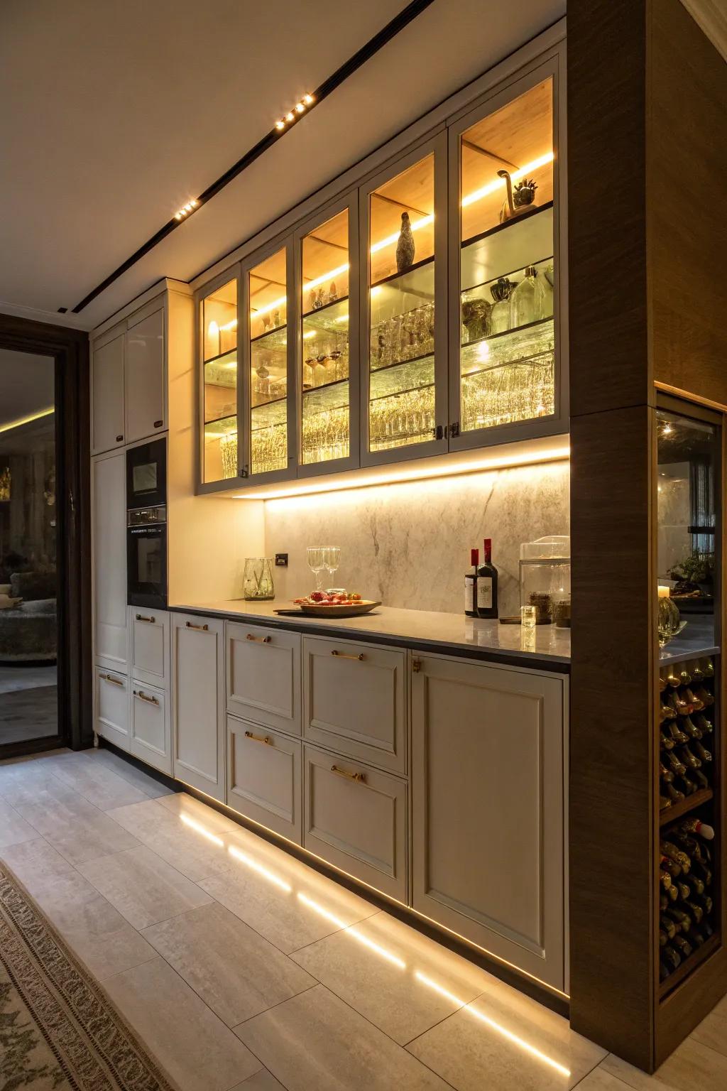 Soft lighting enhances the functionality and mood of this bar cabinet.