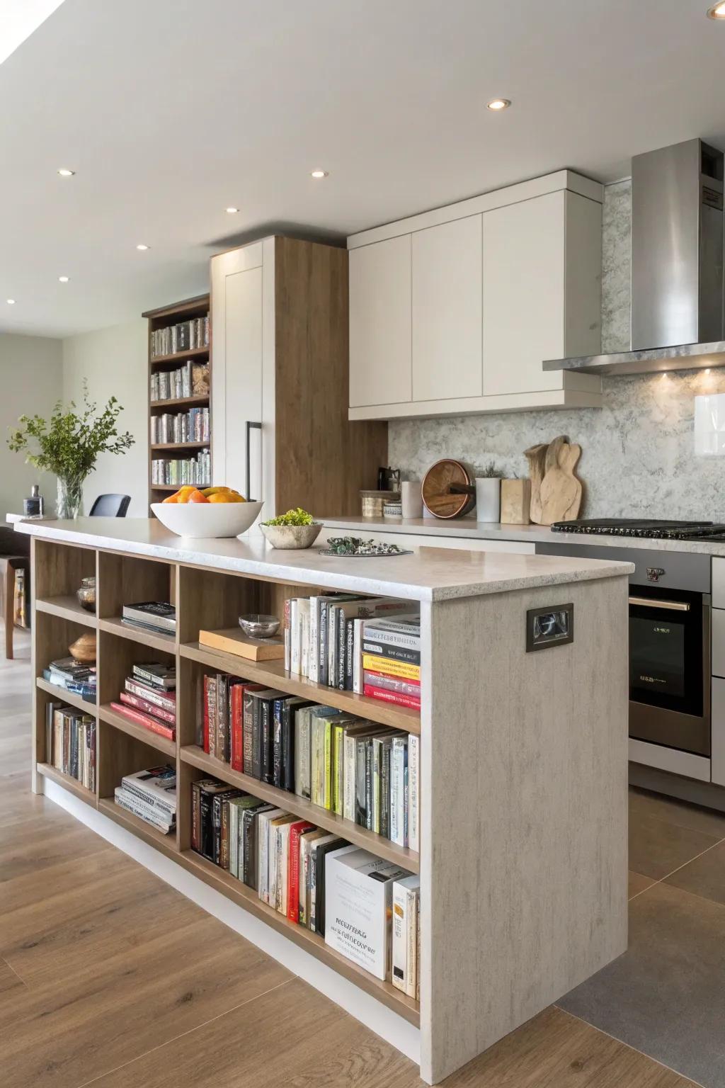 Integrated shelving adds practicality and style to this kitchen island, perfect for display and storage.