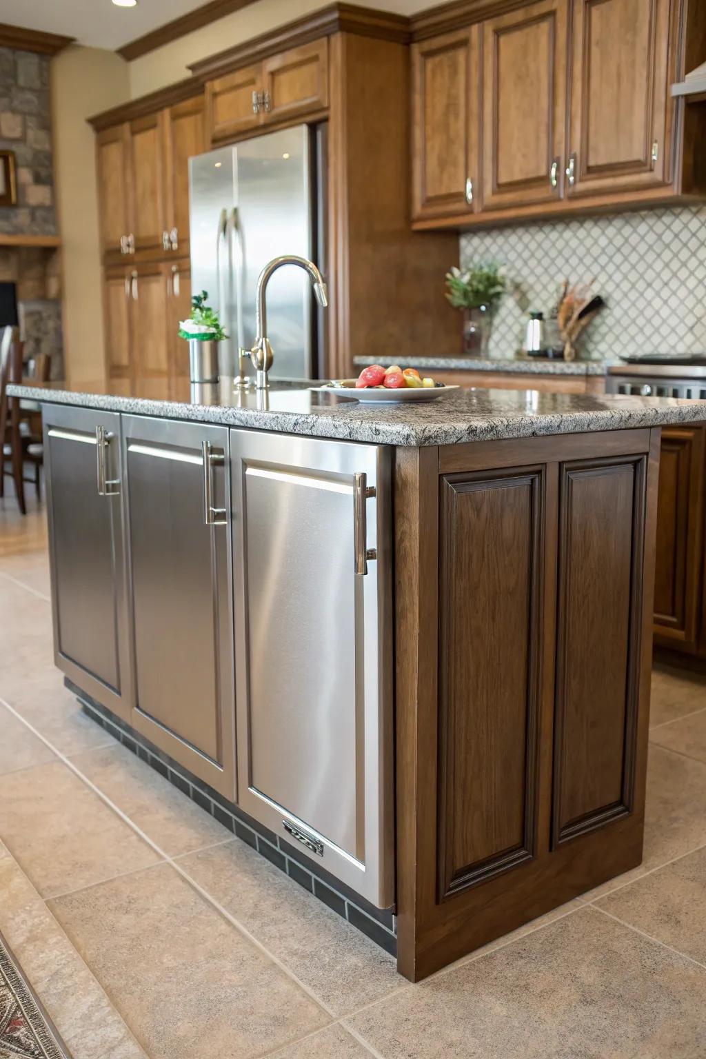 Metal accents bring a modern and sophisticated touch to your kitchen island.