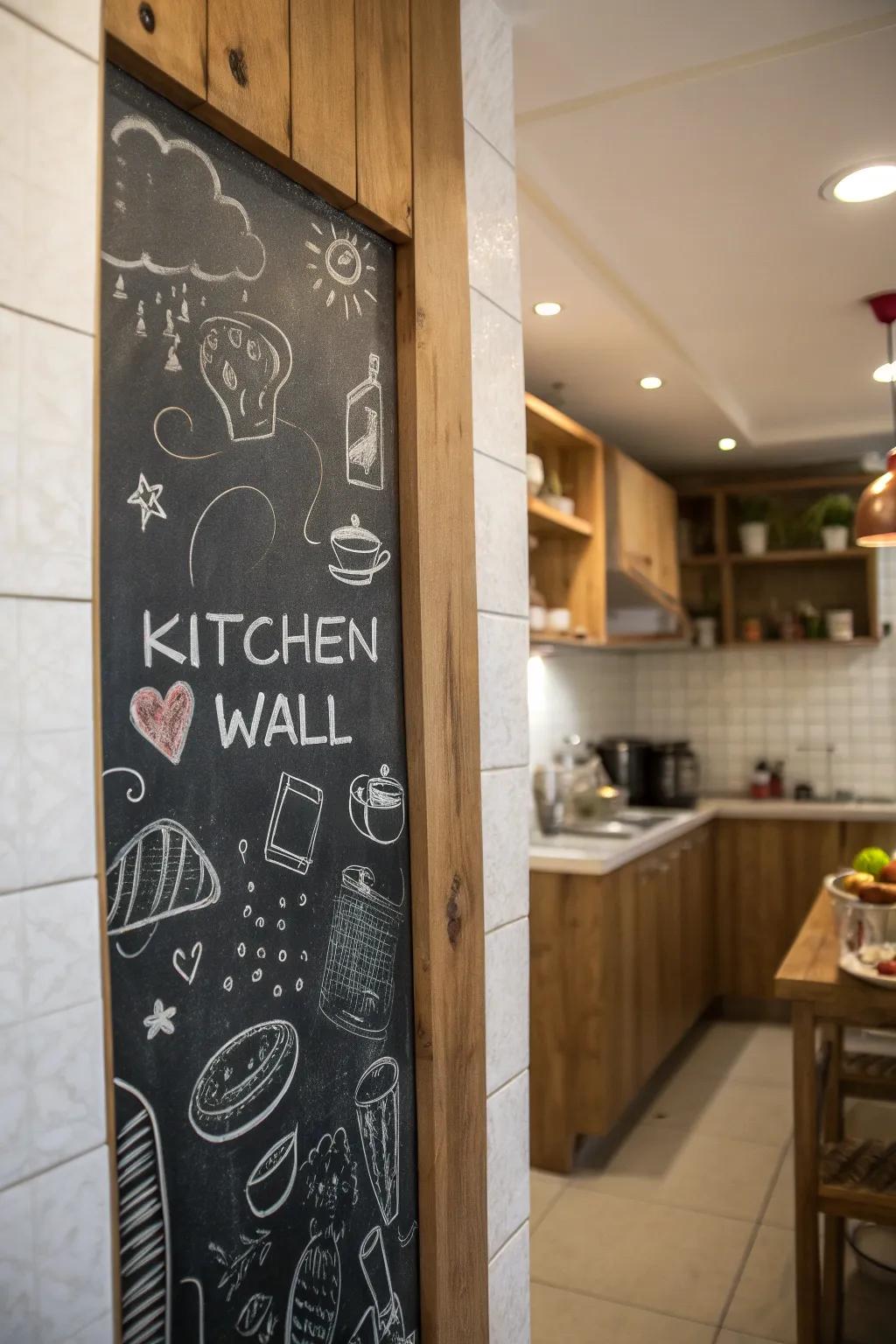 A kitchen with a chalkboard wall, offering a creative and personal touch.