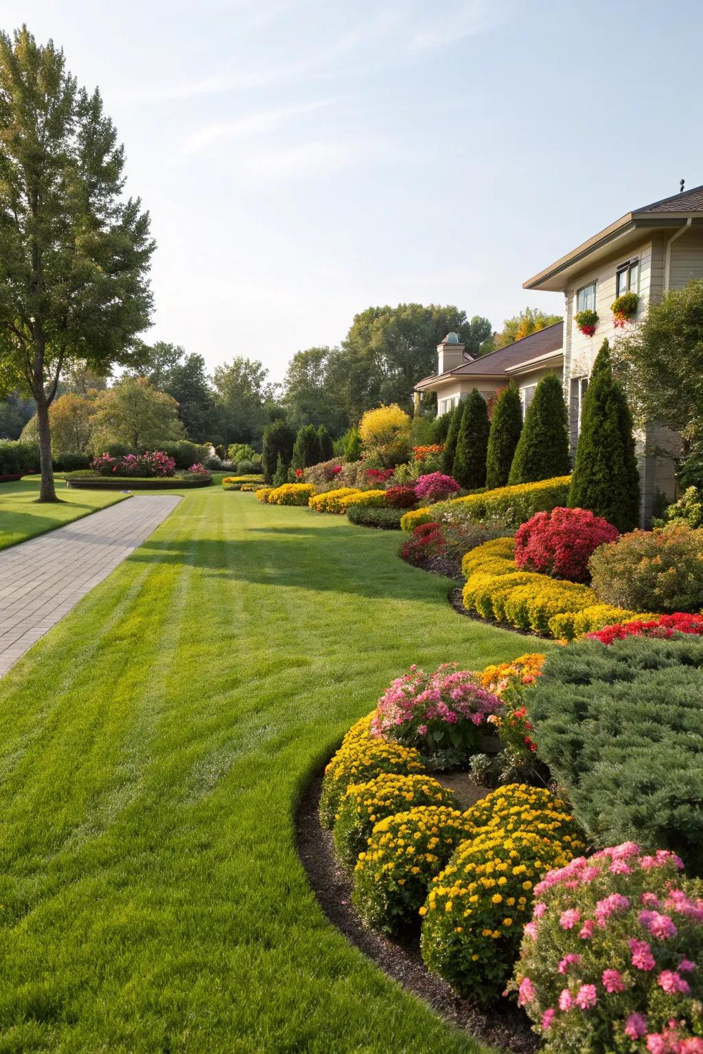 A lush green lawn serves as the perfect backdrop for surrounding plantings.