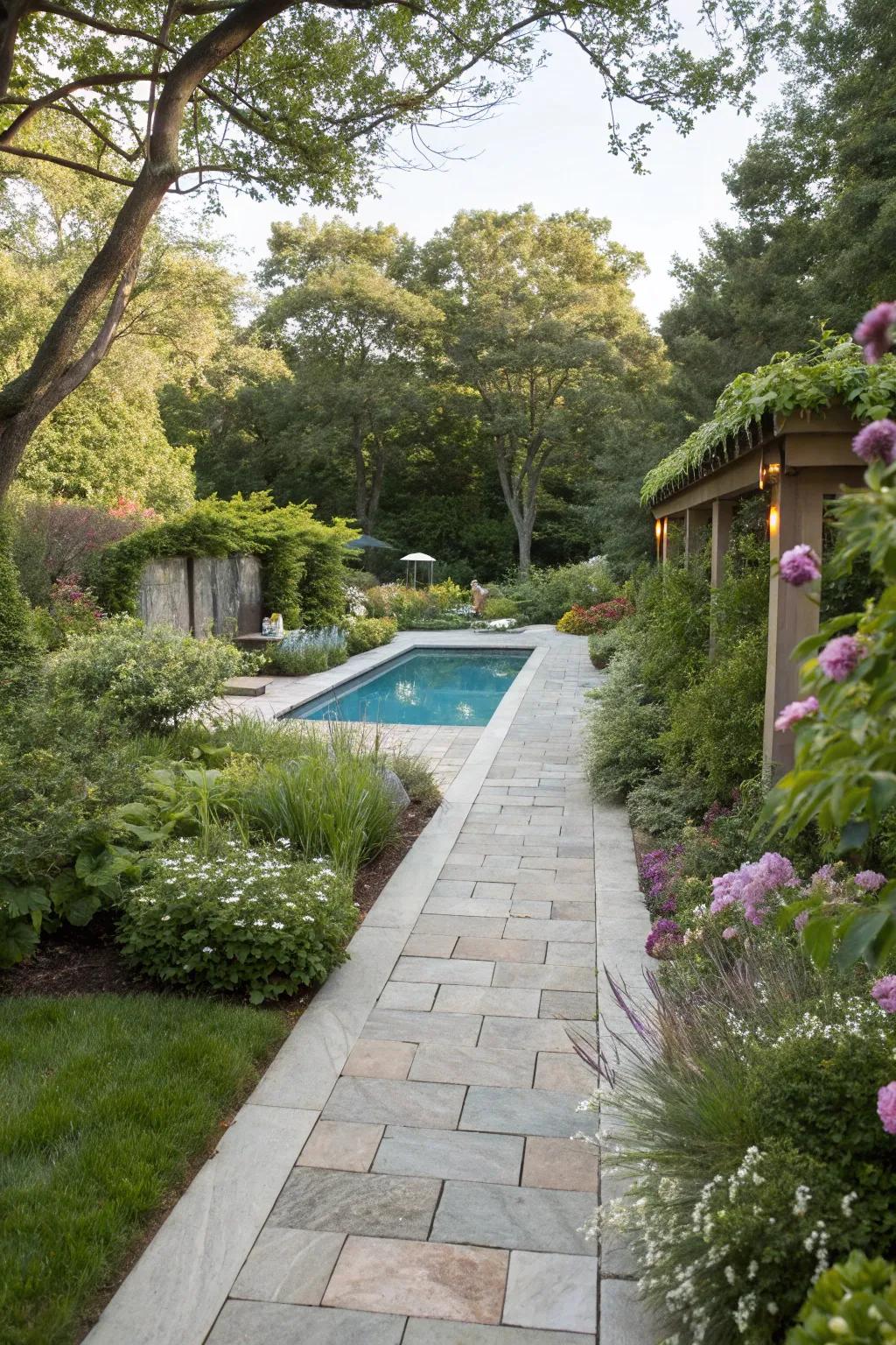 Pathways and pavers offer practical access while complementing the garden landscape.