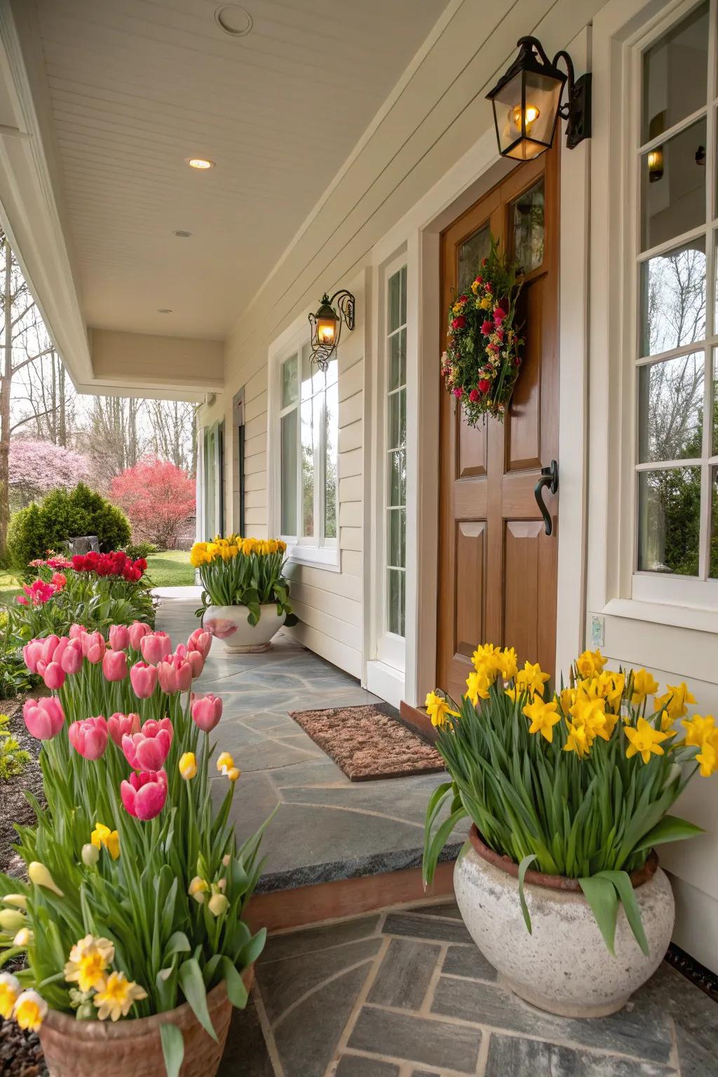 A welcoming home entryway adorned with vibrant tulips and daffodils.