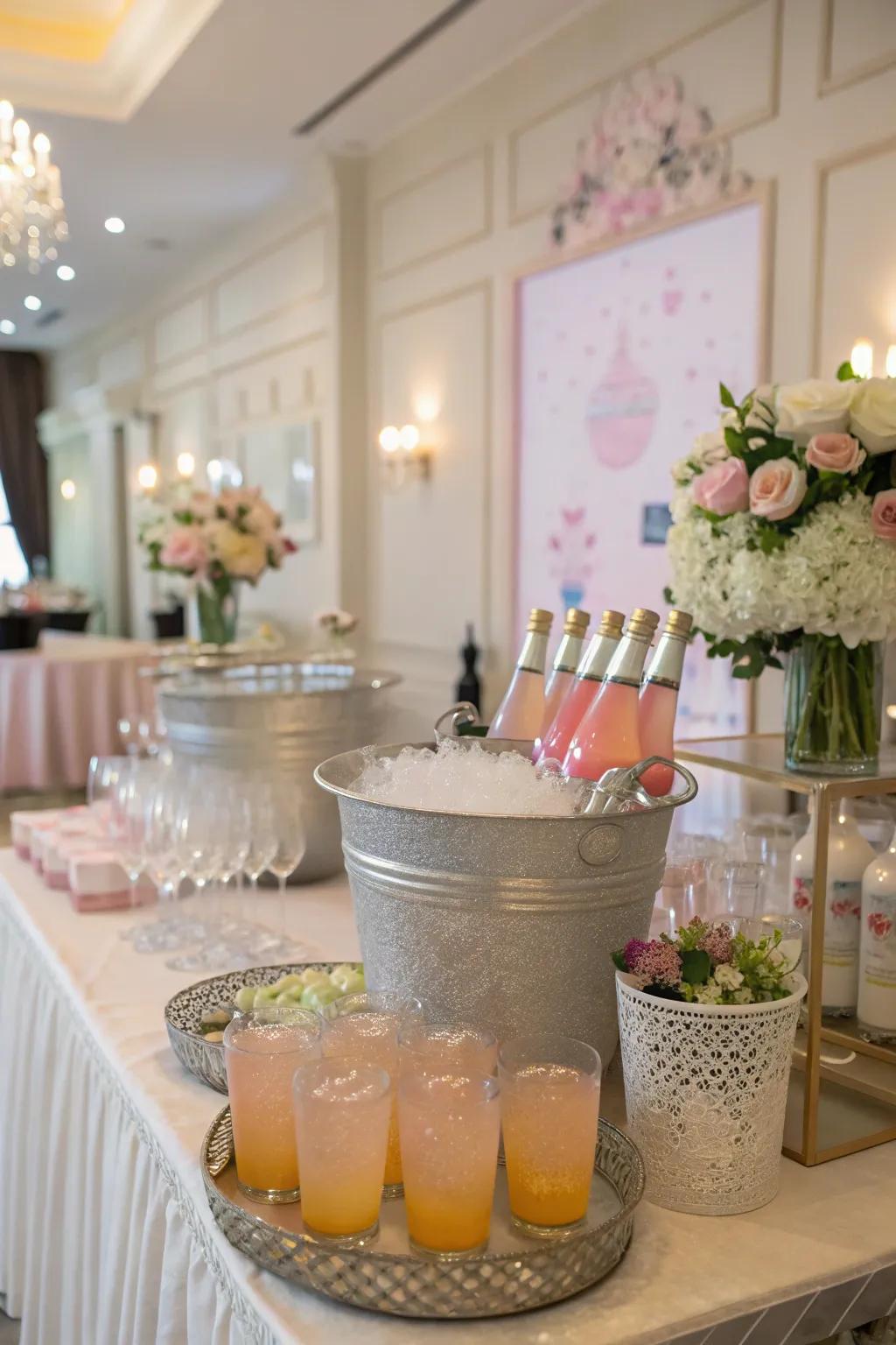 A beautifully arranged beverage station keeps guests refreshed and entertained.