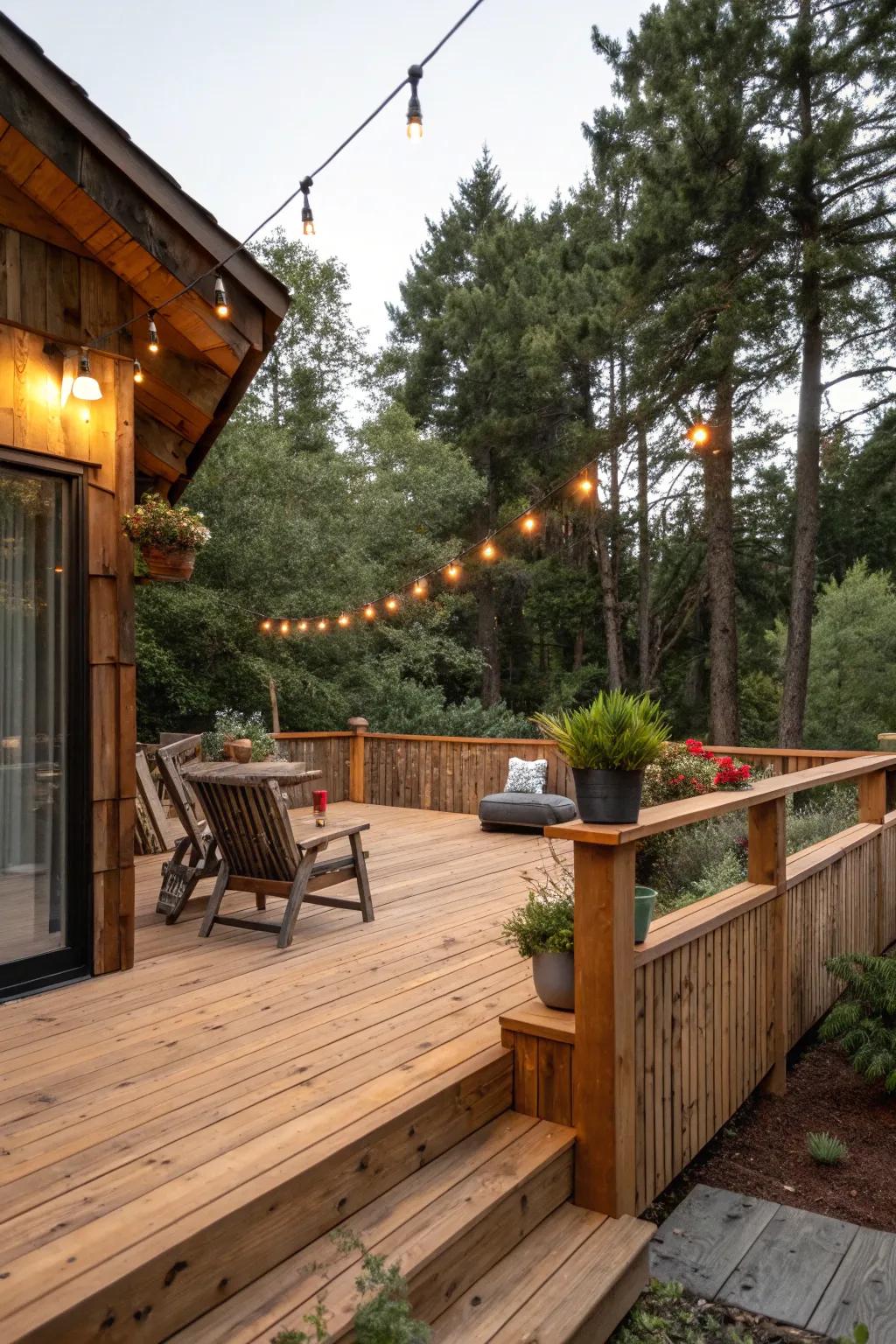 Cedar skirting enhances the natural warmth of this rustic deck.