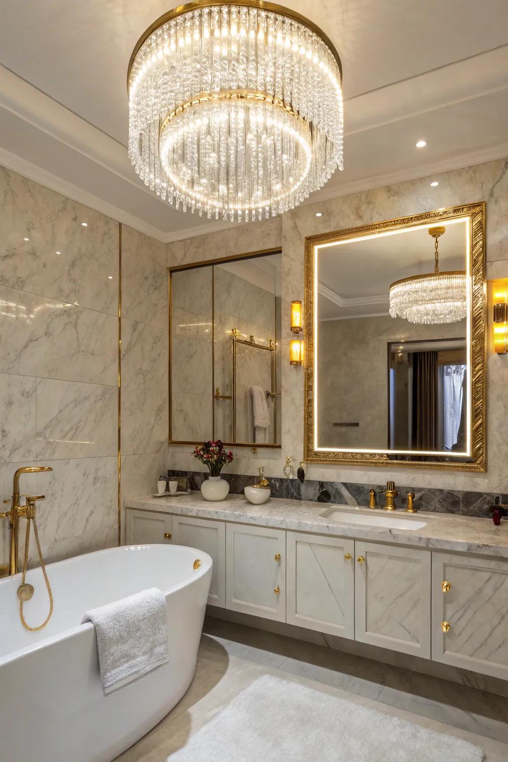 A luxurious bathroom featuring a chandelier and an LED mirror.