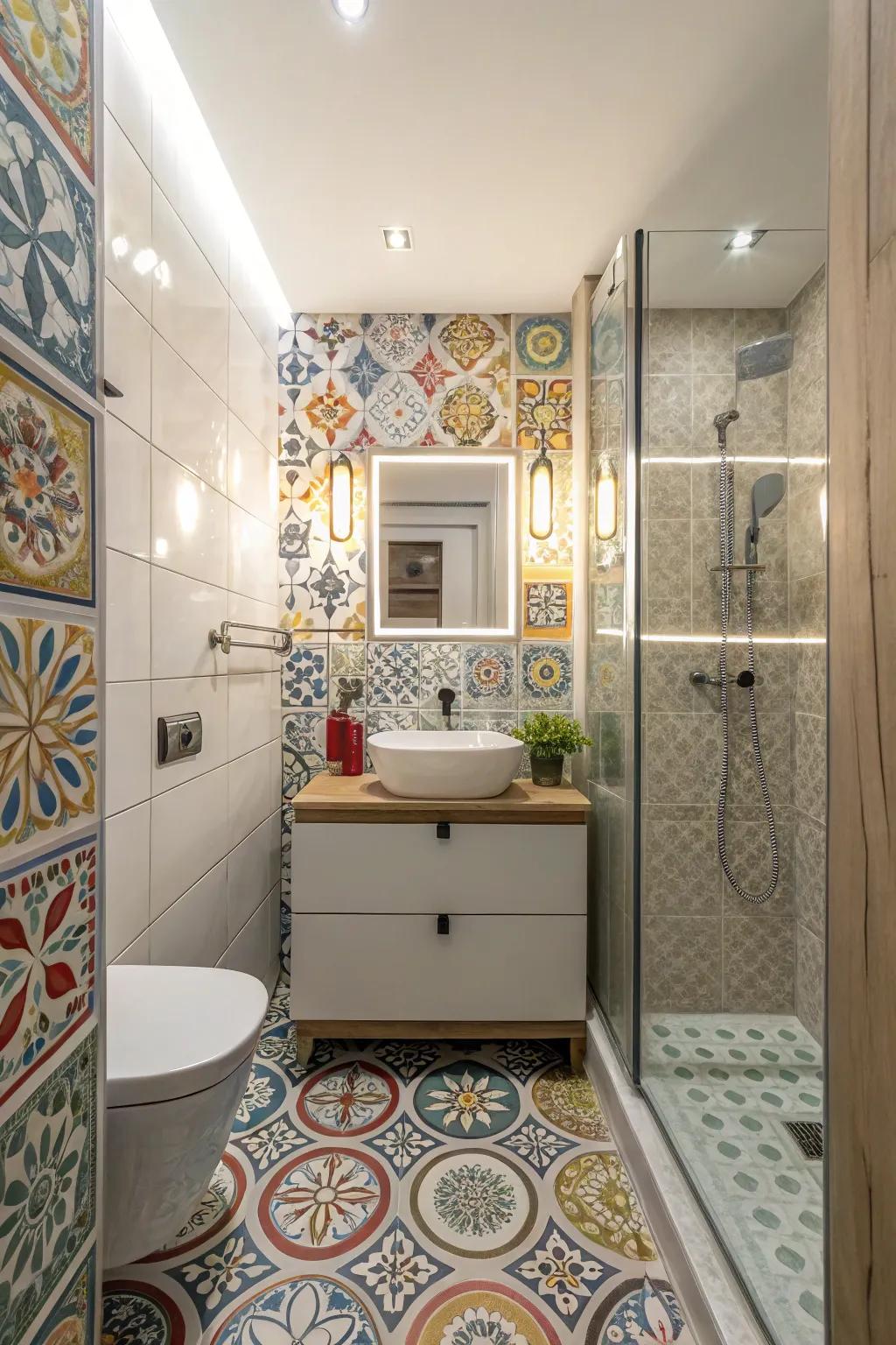 Unique tiles add character to a small bathroom.