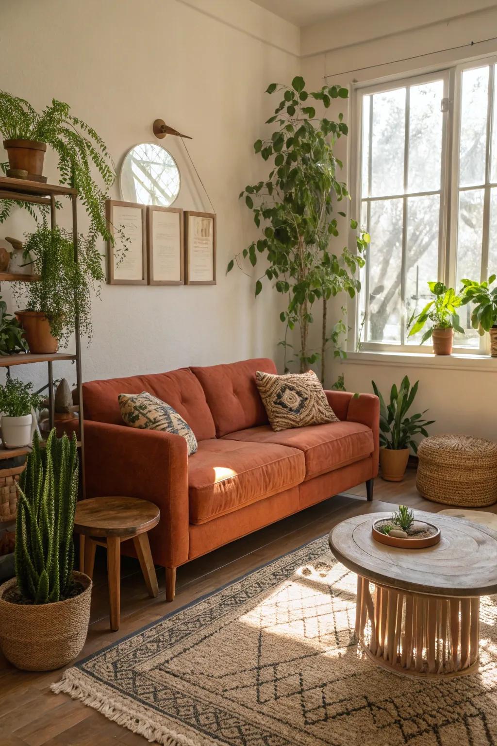 Earth-toned couch creating a warm atmosphere.