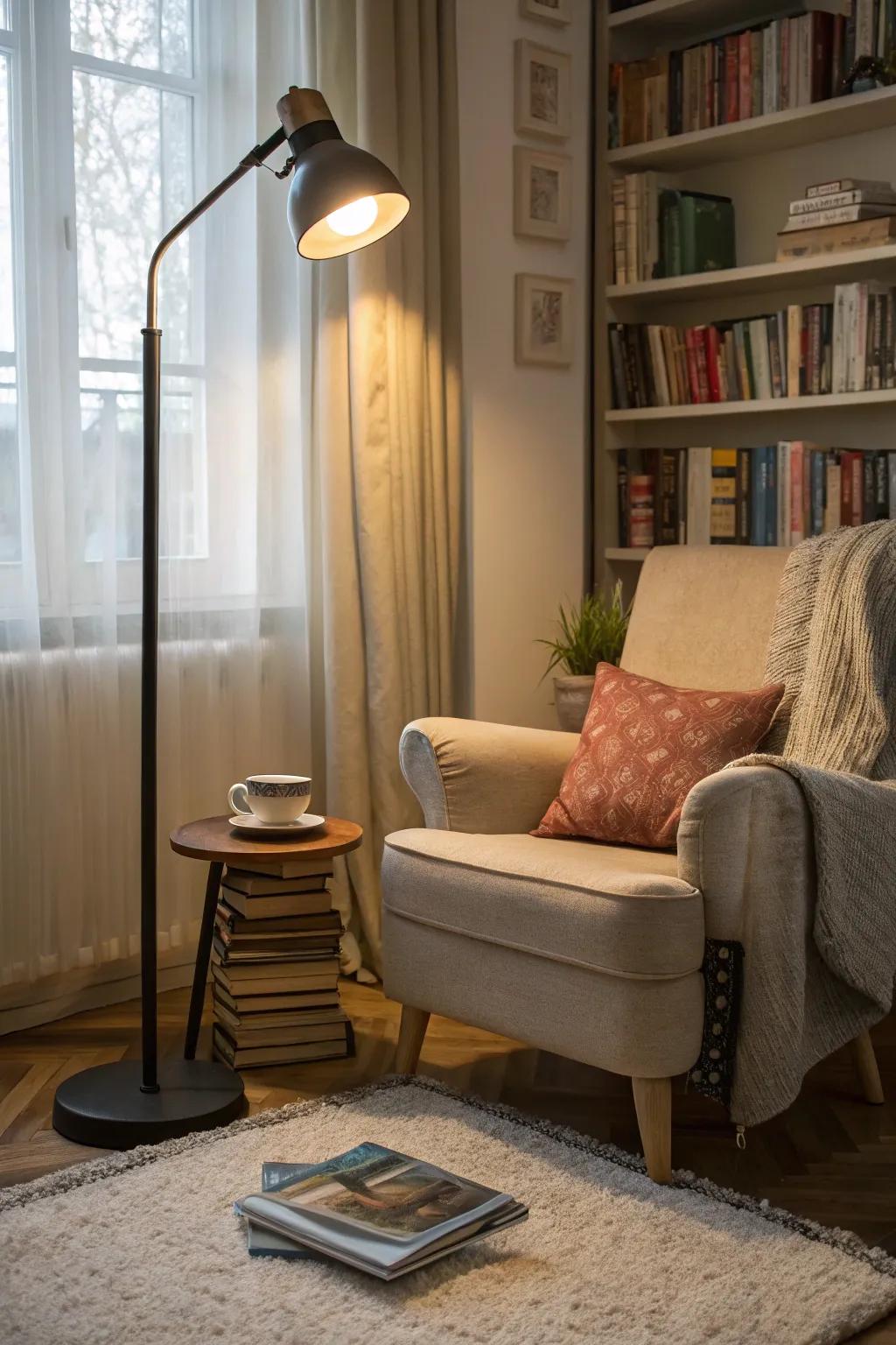 Functional task lighting enhances this reading nook.