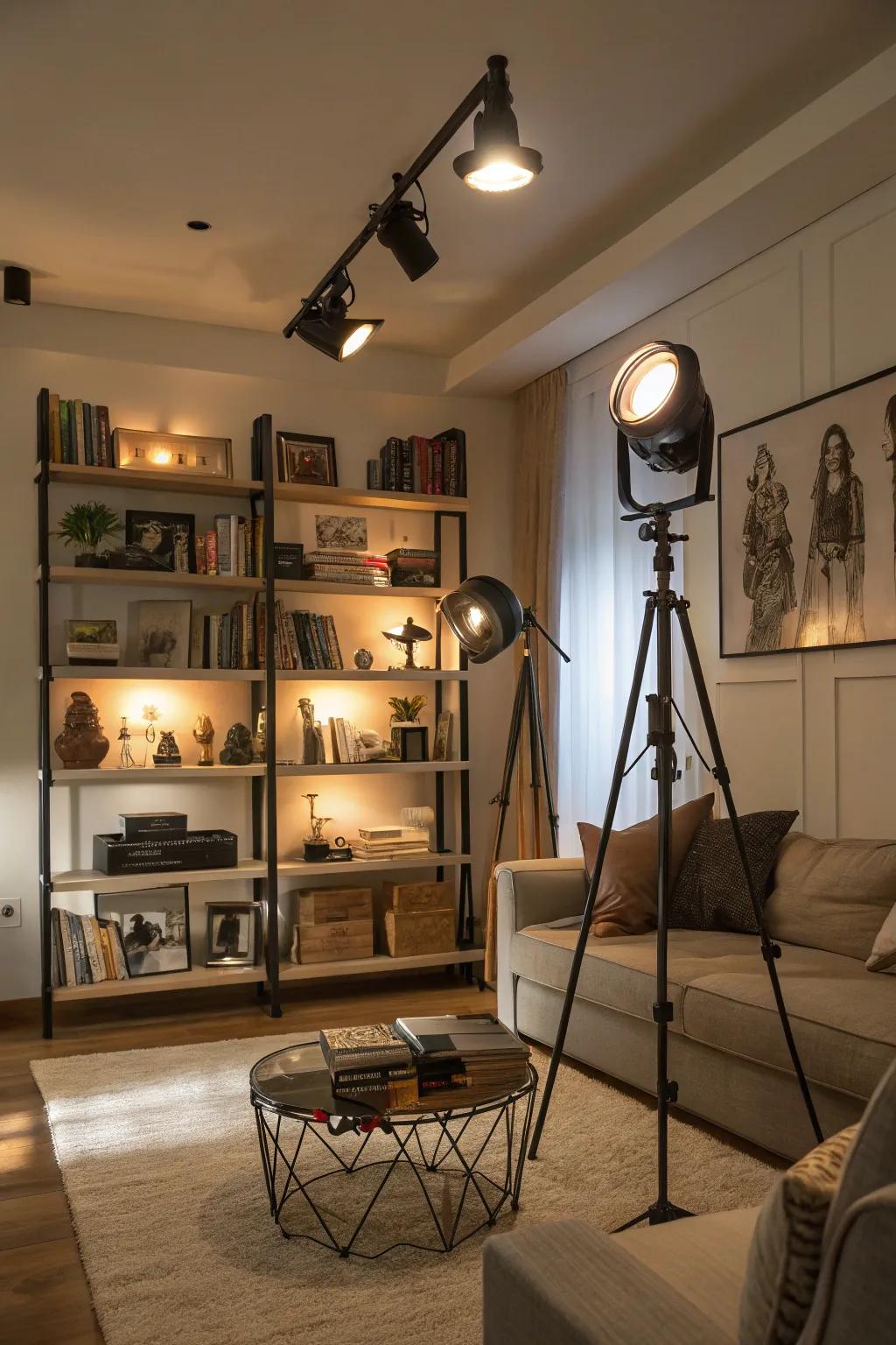 Spotlights creating a chic gallery vibe.