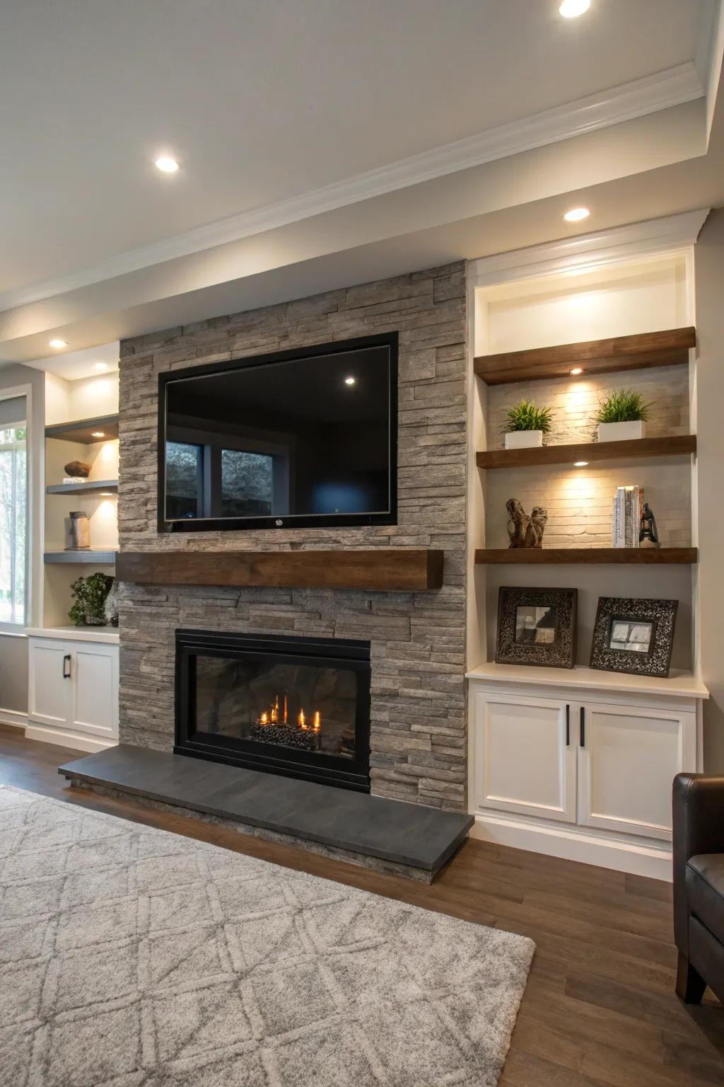 A living room featuring a TV mounted above a sleek, modern fireplace.