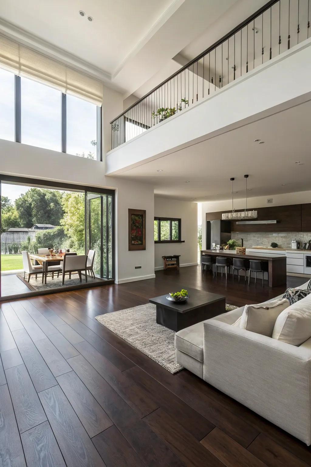 Open designs let dark wood floors shine as a focal point.