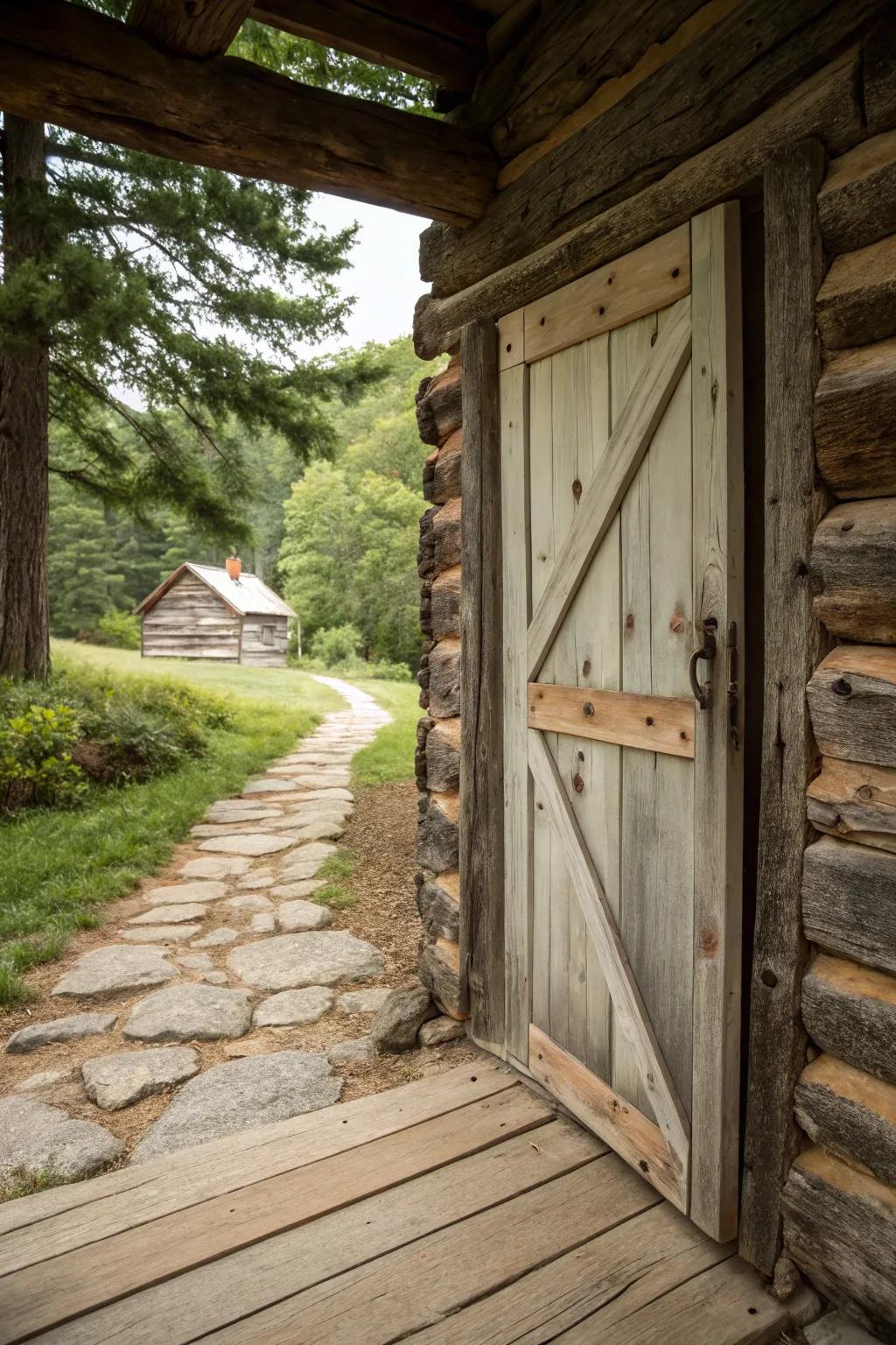 A vintage-style log cabin door made from reclaimed wood.