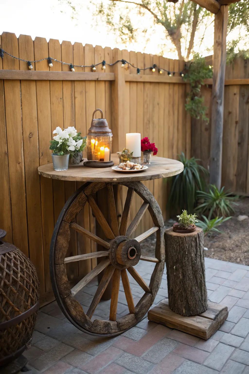 A wagon wheel table makes a unique Western statement.