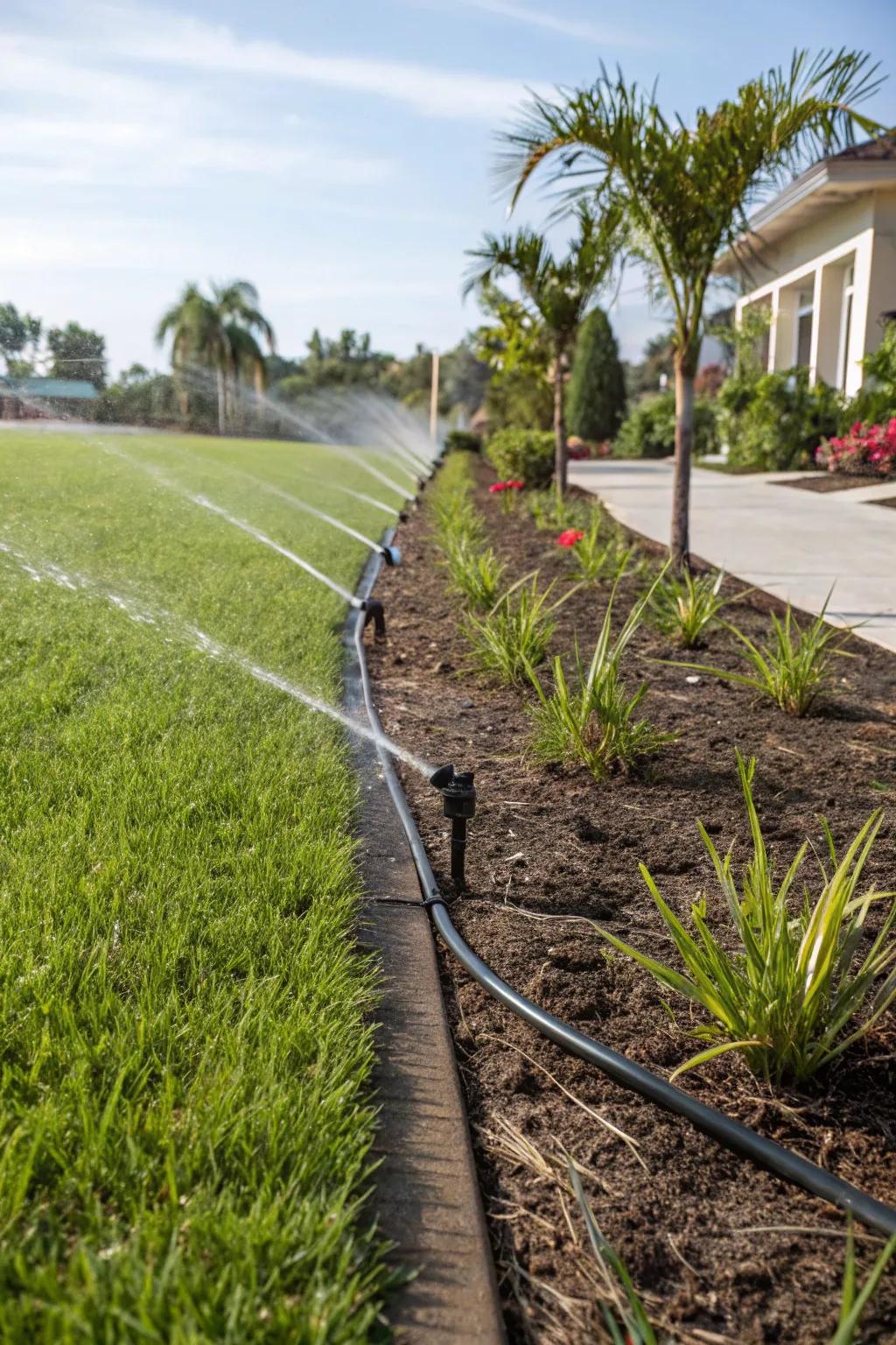 Efficient irrigation keeping the landscape lush and hydrated.