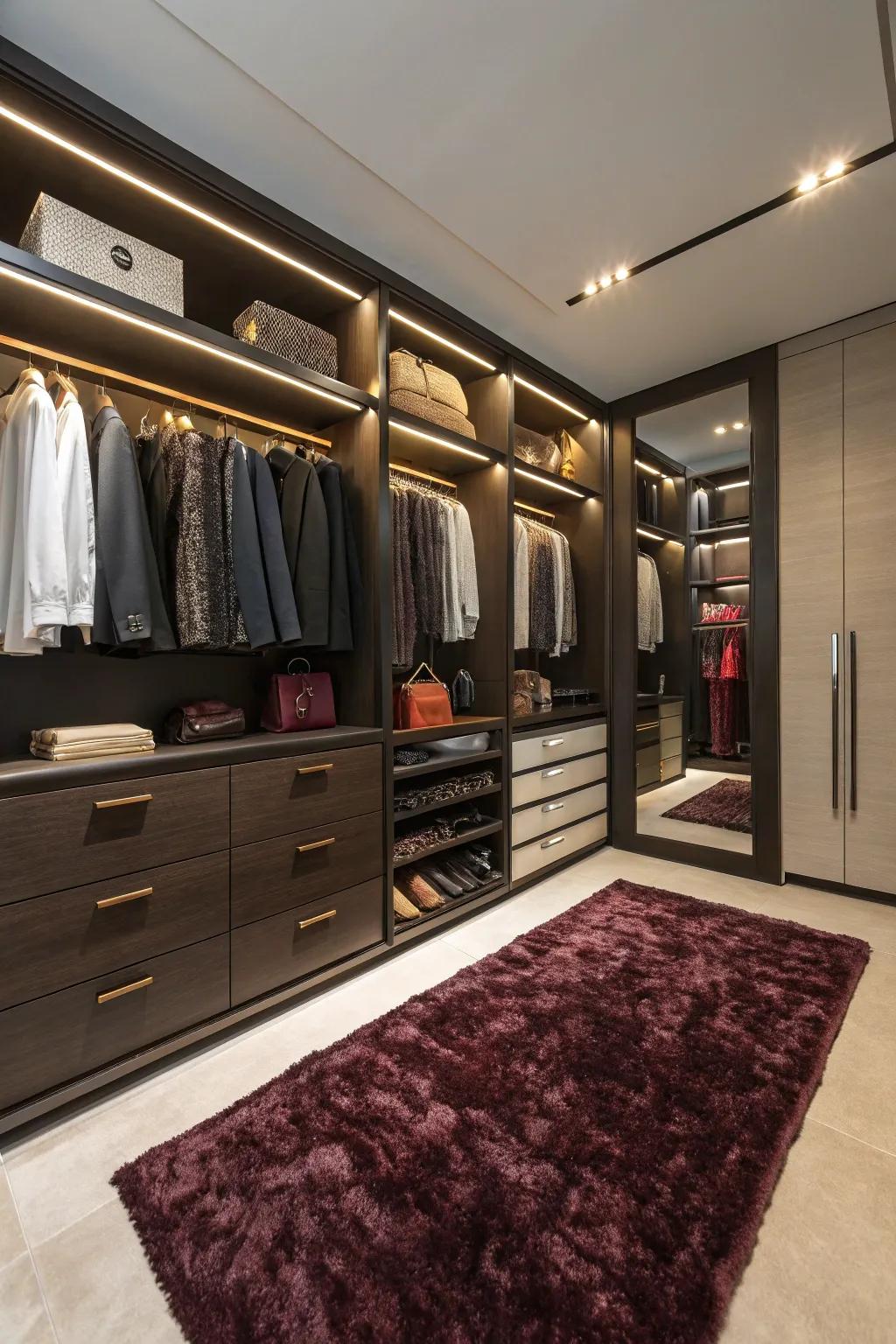 A plush rug adding warmth to the luxury closet.