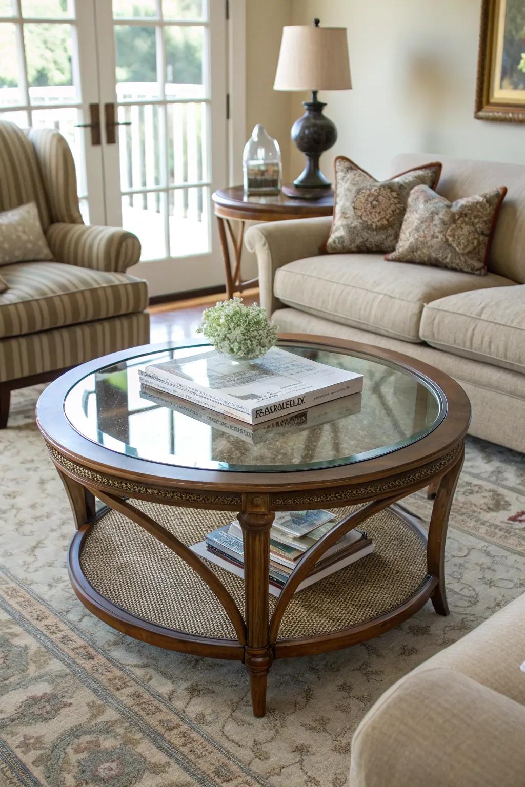 A glass-topped coffee table adds a touch of elegance to this glam living room.