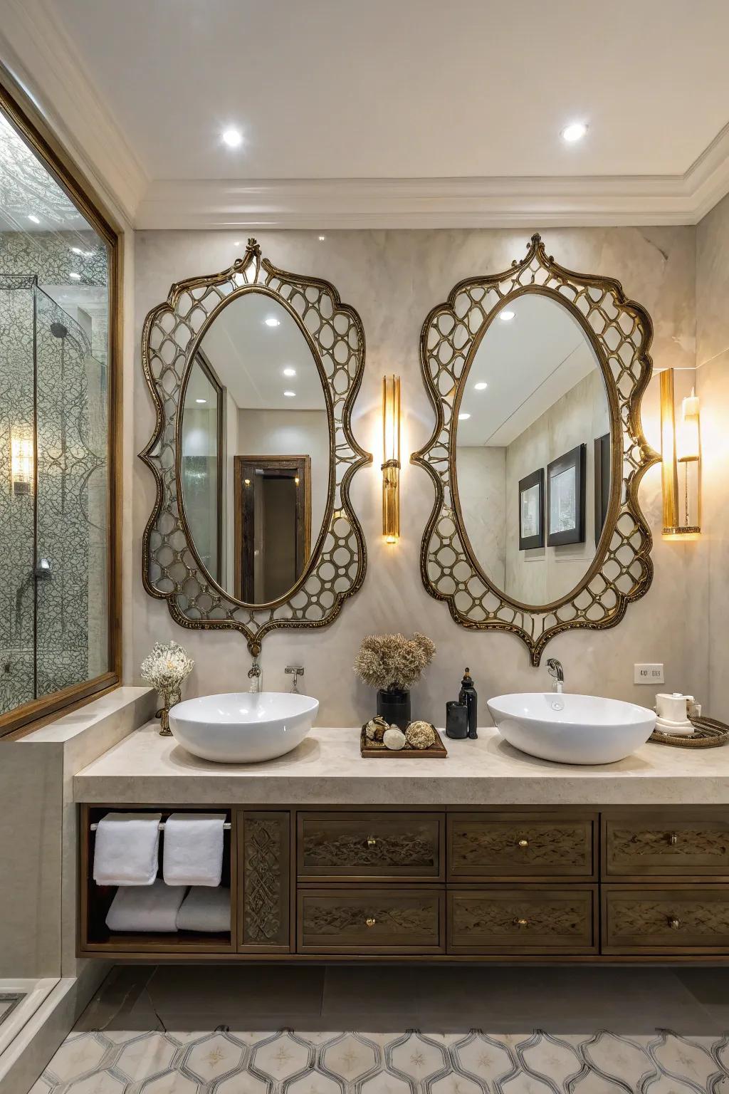 Unique mirrors serve as art pieces and focal points.