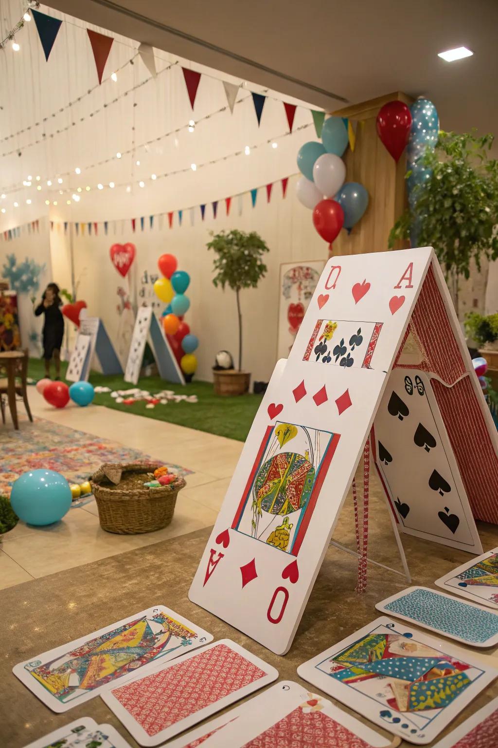 Oversized playing cards add a whimsical touch to the party decor.