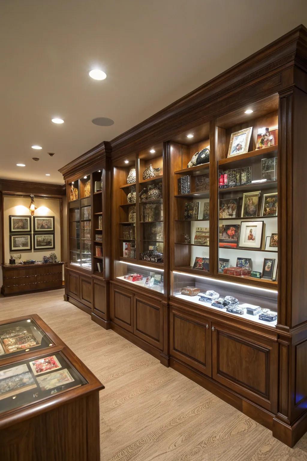 Bookshelves and display units add sophistication to the man cave.