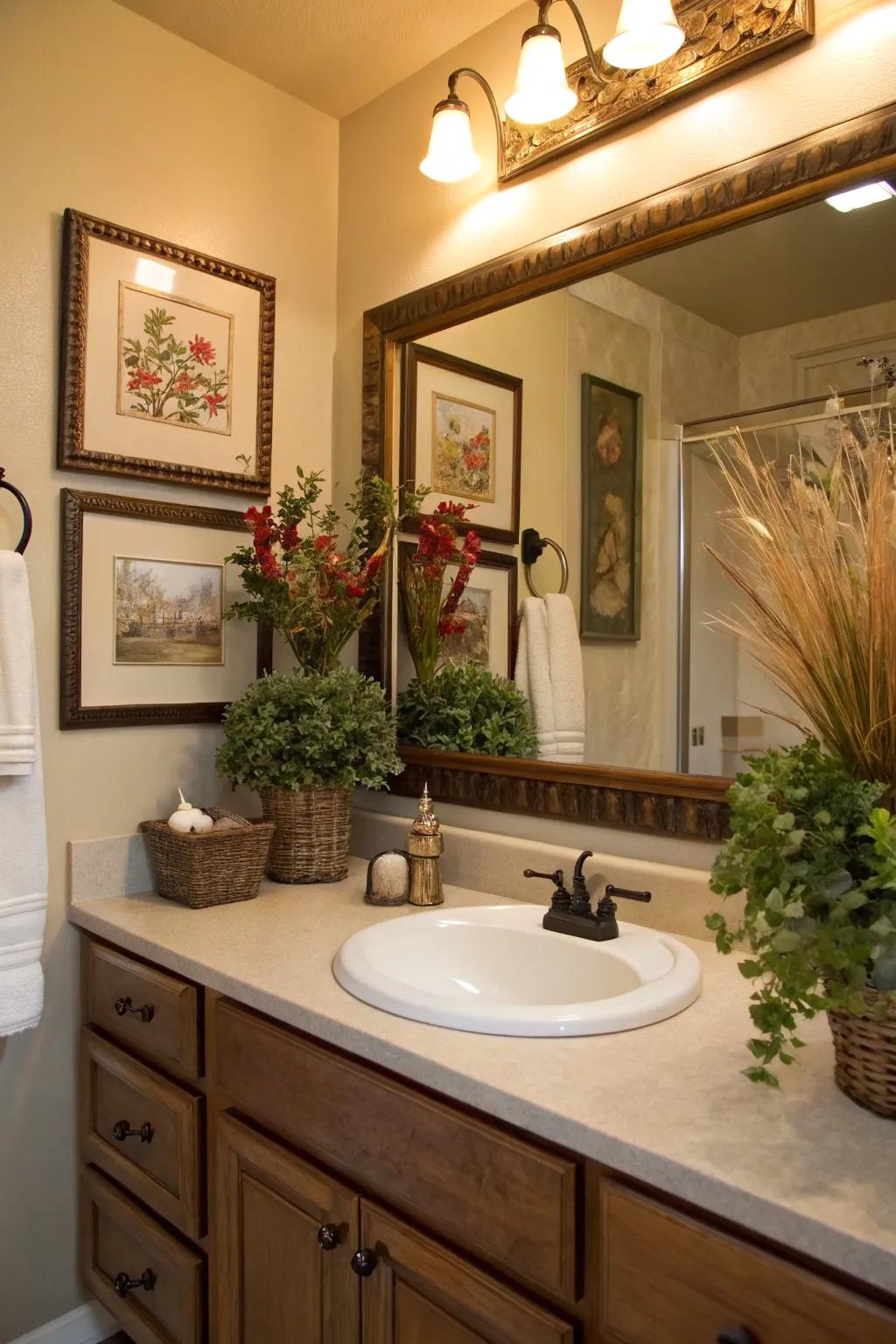 A bathroom vanity adorned with decorative plants and framed art.