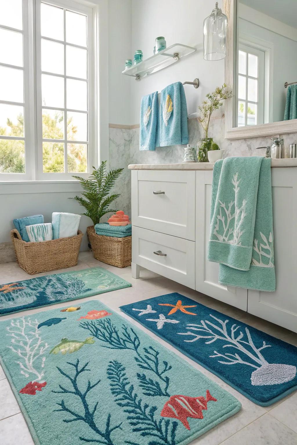 Aquatic textiles add warmth and style to your mermaid-inspired bathroom.