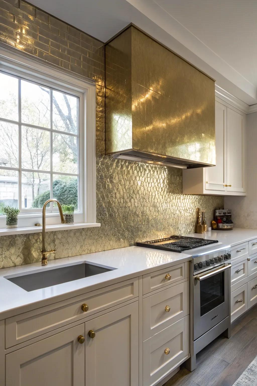 A kitchen showcasing a bold brass metal backsplash.