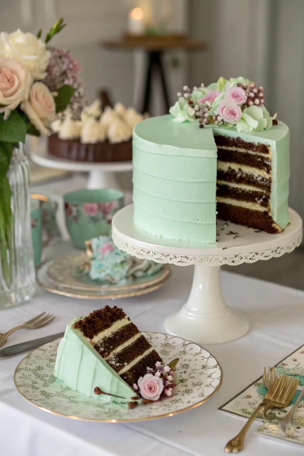 A mint green cake with delicious chocolate layers.