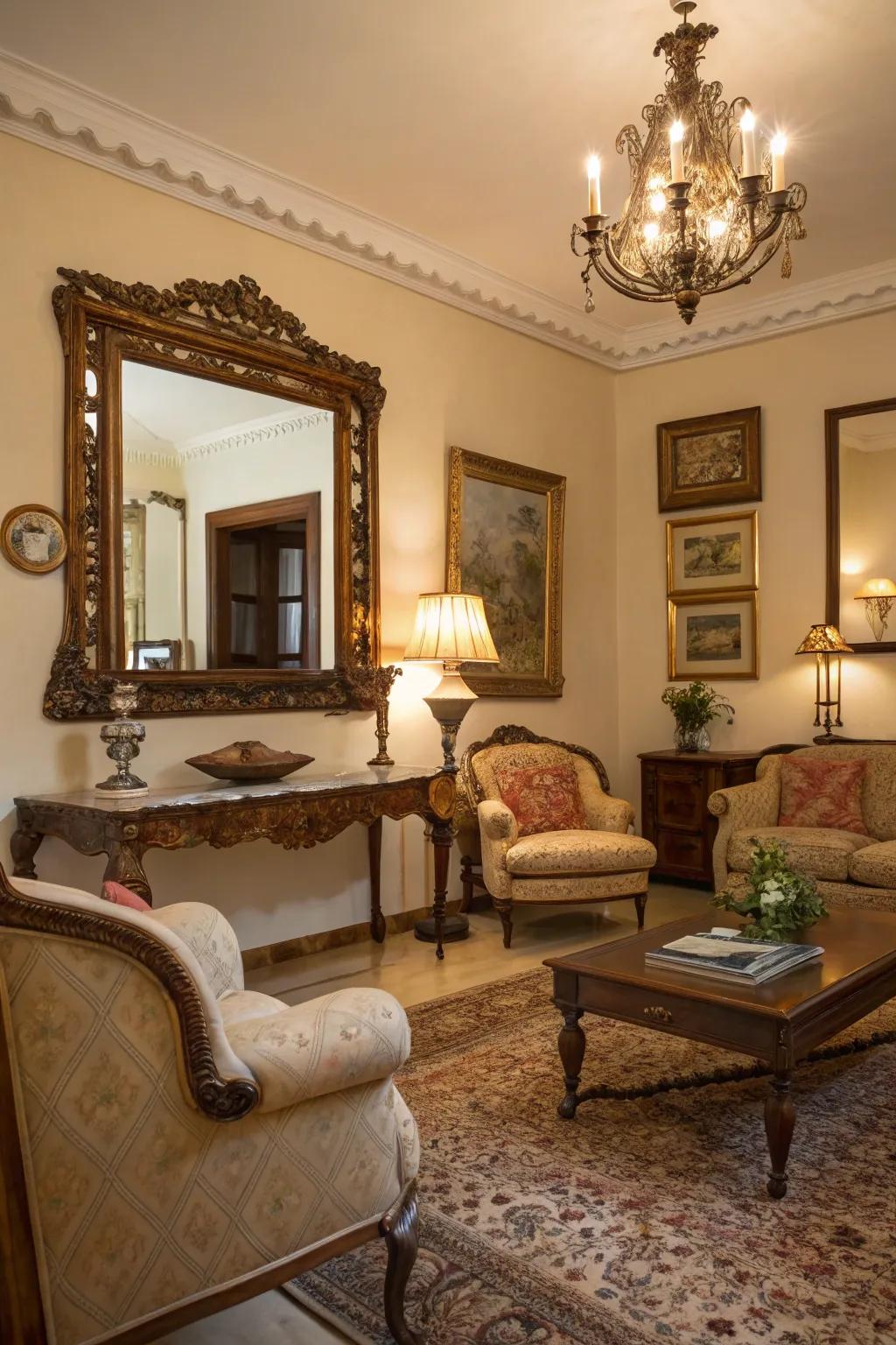 Antique mirrors bring history and character to the space.