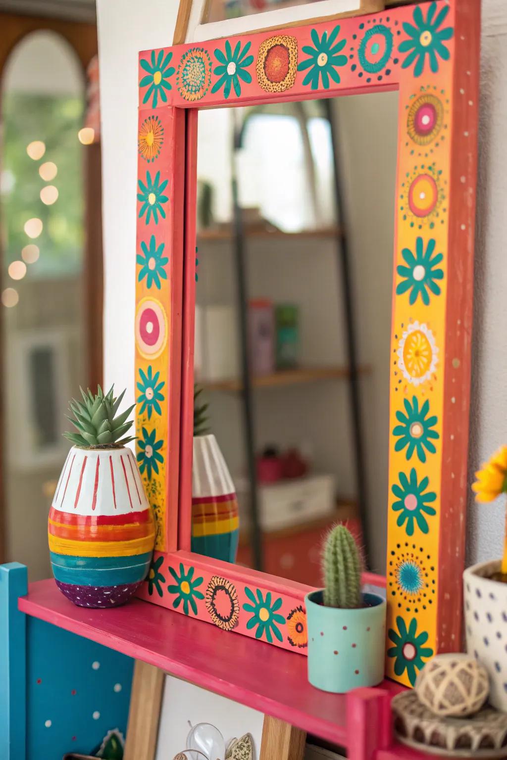 An eclectic mirror and shelf combo for a vibrant, playful touch.